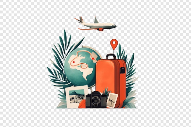 Travel essentials with suitcase globe airplane and camera on a transparent background