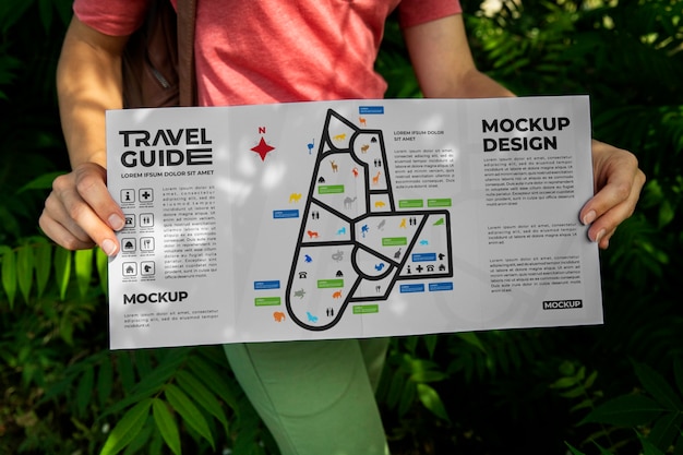 Travel guide map held by person on vacation