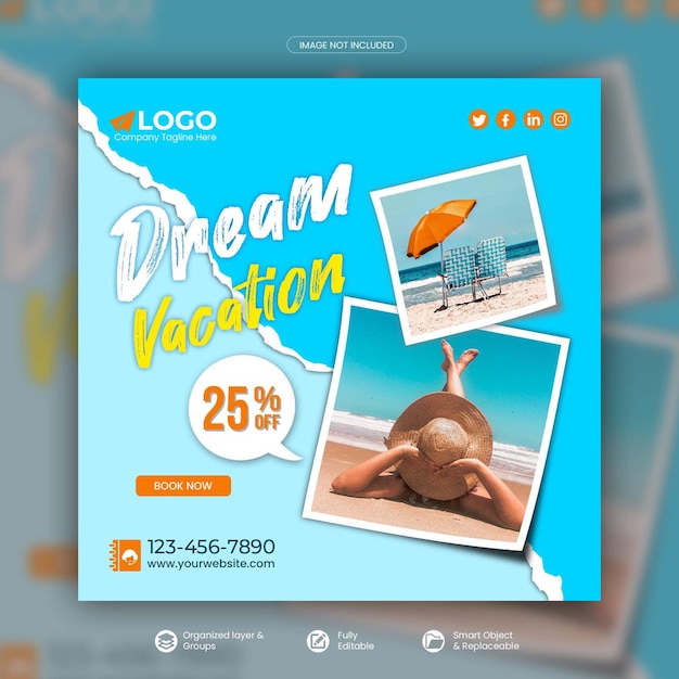 Travel holiday vacation instagram post or social media post template premium psd