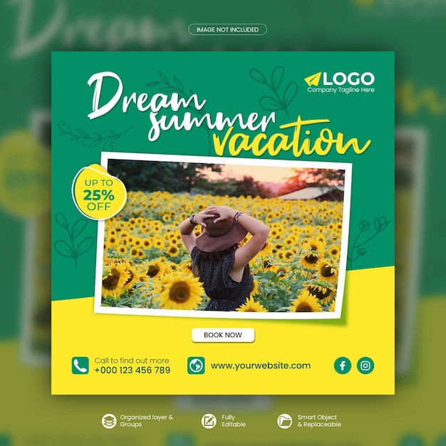 Travel holiday vacation instagram post or social media post template premium psd