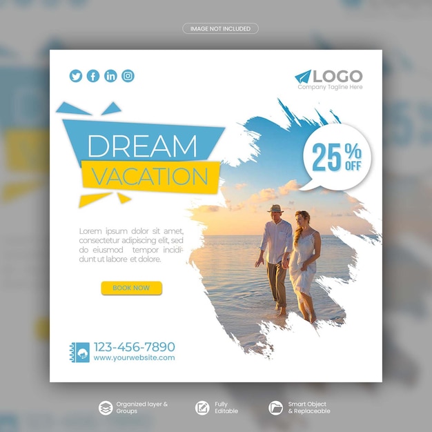 Travel holiday vacation instagram post or social media post template premium psd