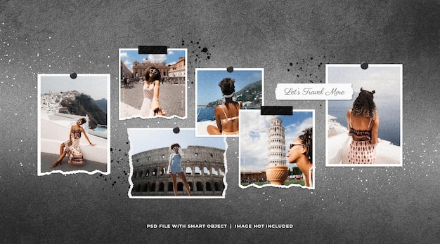 Travel Photo Frame Set Moodboard Mockup with Ink Splatter