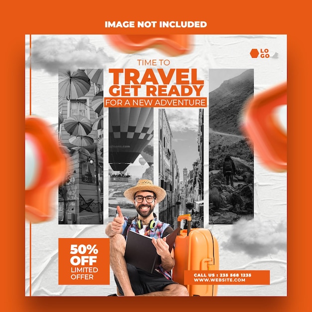 Travel sale business marketing social media post template design with abstract background