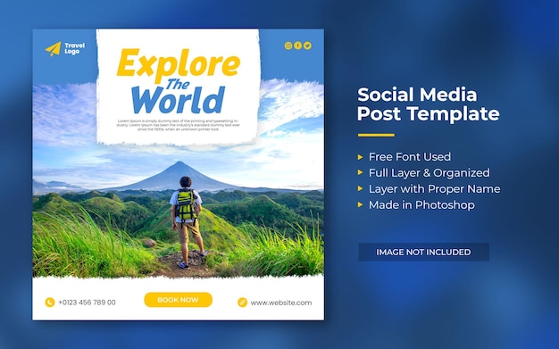 Travel social media post banner template or tour holiday vacation instagram post