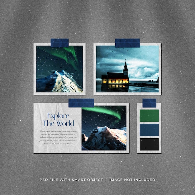 PSD travel social media post torn photos moodboard mockup