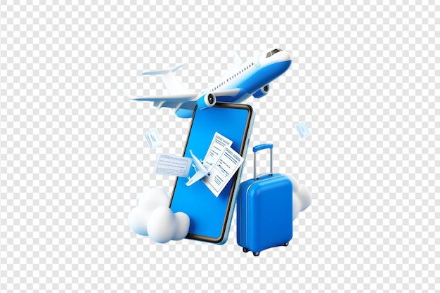 Travel suitcase with airplane isolated on a transparent background