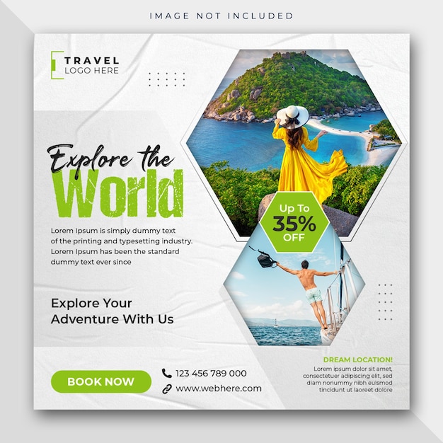 Travel tour social media post or holiday vacation square web banner template