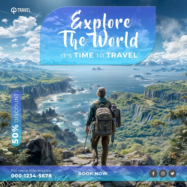 PSD travel and tour social media post instagram post or web banner design template ai generated