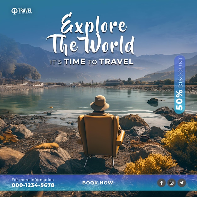 PSD travel and tour social media post instagram post or web banner design template ai generated