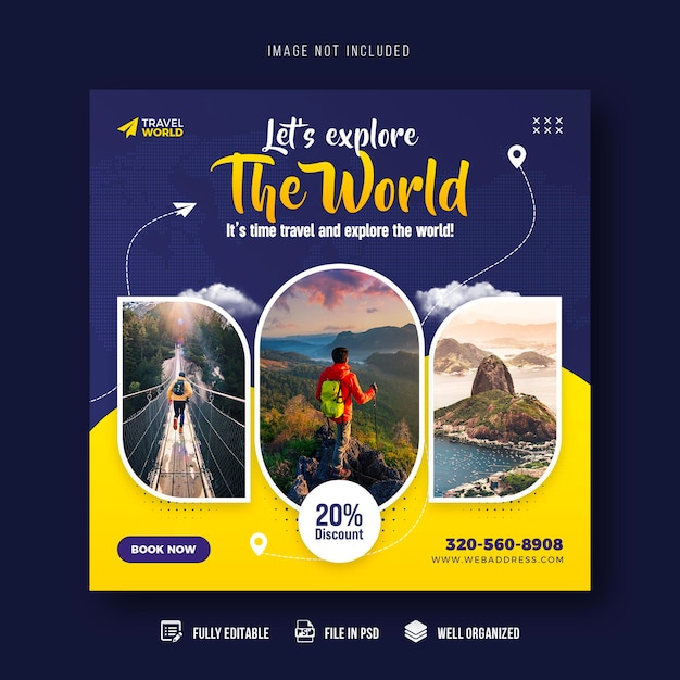 Travel and tourism social media post banner template or tour holiday vacation Instagram post design