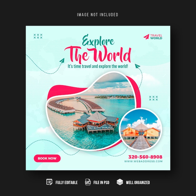 Travel and tourism social media post banner template or tour holiday vacation Instagram post design