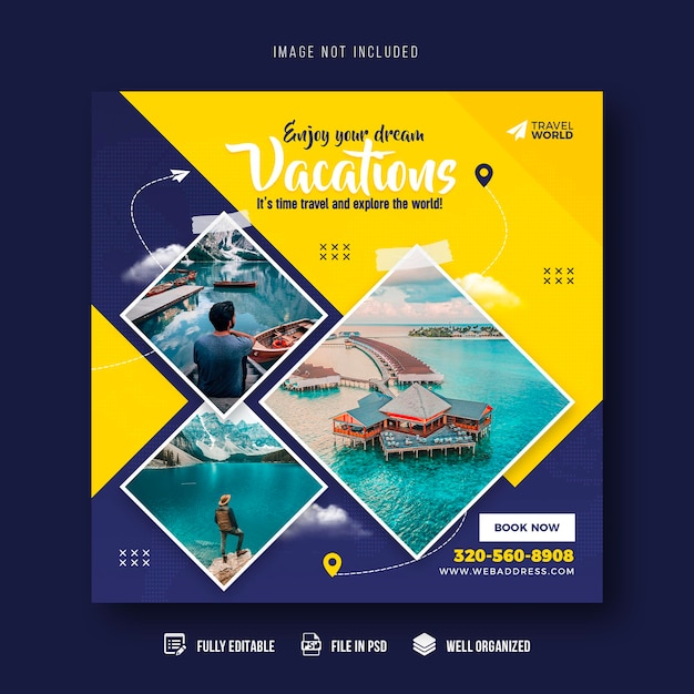 Travel and tourism social media post banner template or tour holiday vacation Instagram post design