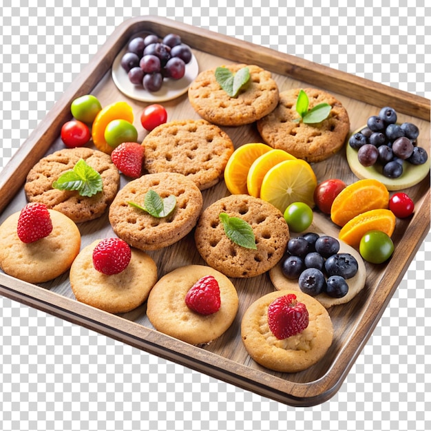 PSD a tray of cookies and fruit on a table on transparent background