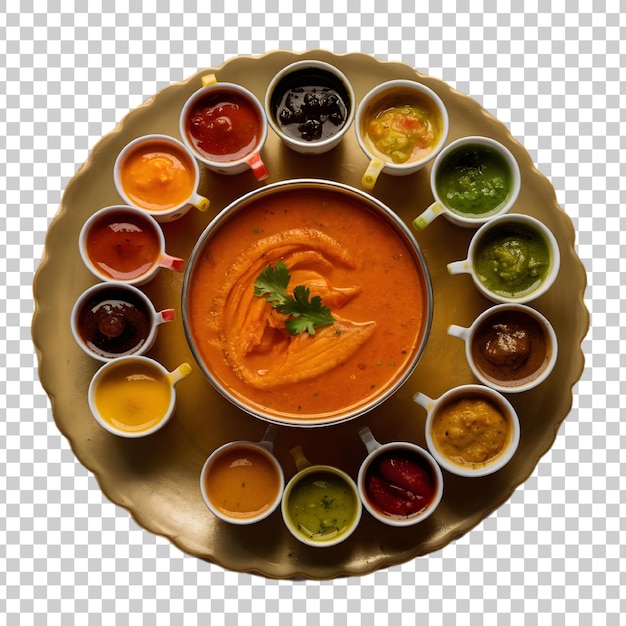 a tray of different sauces with a bowl of dips with sauces in them