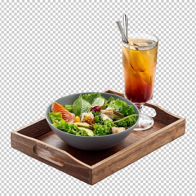 a tray of food and a glass of tea on a white background