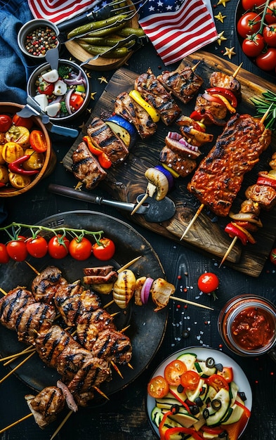 a tray of food including kebabs tomatoes and tomatoes