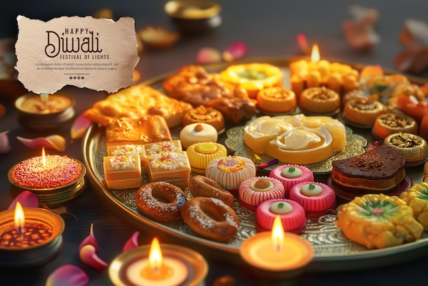 a tray of snacks including donuts and candles with a sign saying quot thai quot