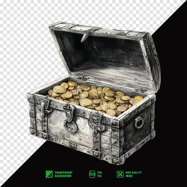 a treasure chest containing gold coins facing towards the viewer is classically drawn high detail