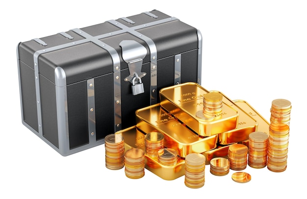 Treasure chest with golden coins and gold ingots 3D rendering isolated on transparent background