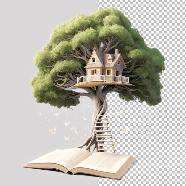 PSD a tree house sits on a book with a tree on the top