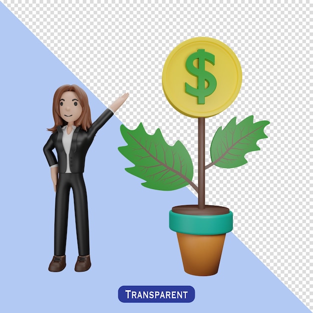 tree money with businesswoman in 3 d style