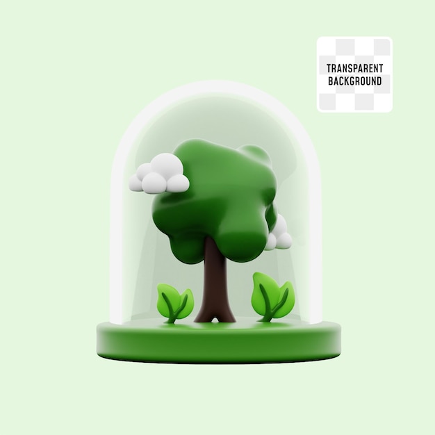 PSD tree and plant forest inside clear glass dome for fresh air incubation ecology concept 3d icon illustration render design