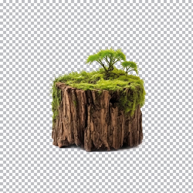 a tree stump with green moss on it and the tree on the left