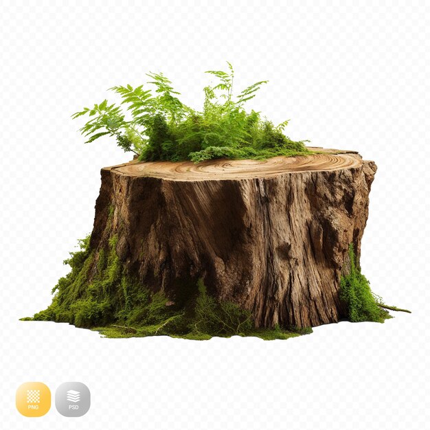 PSD a tree stump with a picture of a plant growing out of it