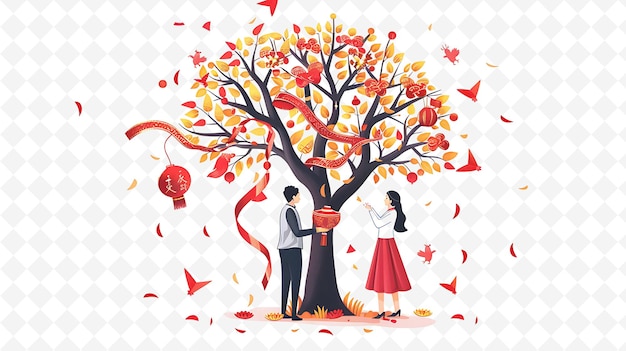 a tree with a red ribbon and a couple in a red dress under a tree