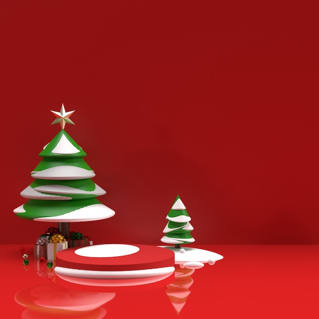 Tree with snow and gifts realistic product ads stage preview scene background