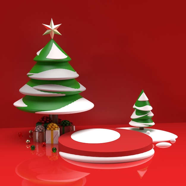 Tree with snow and gifts realistic product advertisement stage preview scene