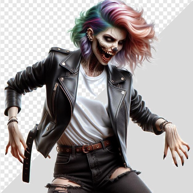 trendy colorful punk rock girl with creepy face portrait isolated transparent background