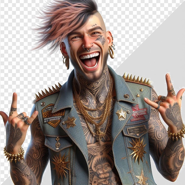 trendy colorful punk rock guy with laughing face portrait isolated transparent background