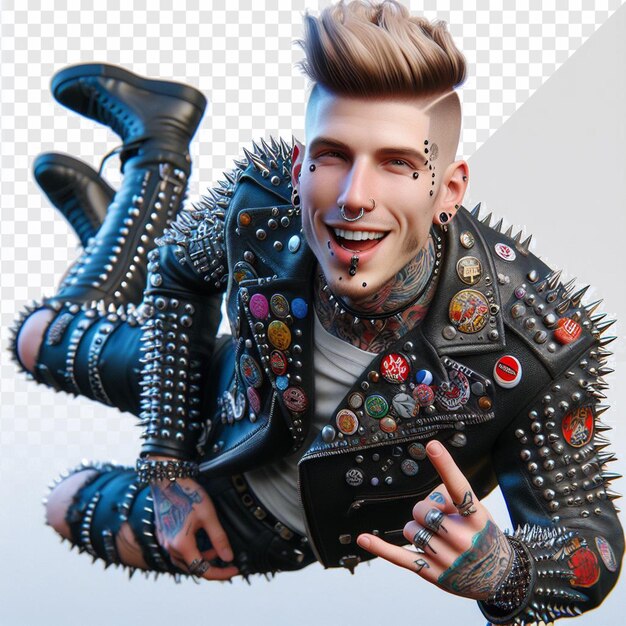 trendy colorful punk rock guy with laughing face portrait isolated transparent background