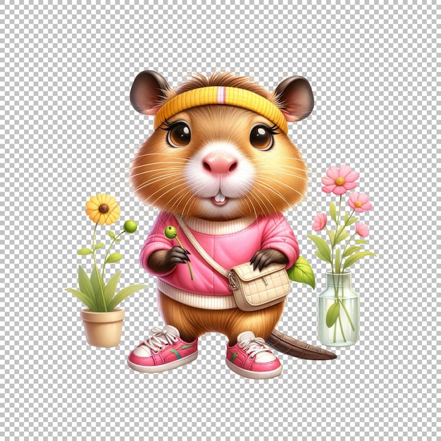 Trendy guinea pig with flower pots illustration isolated on transparent background