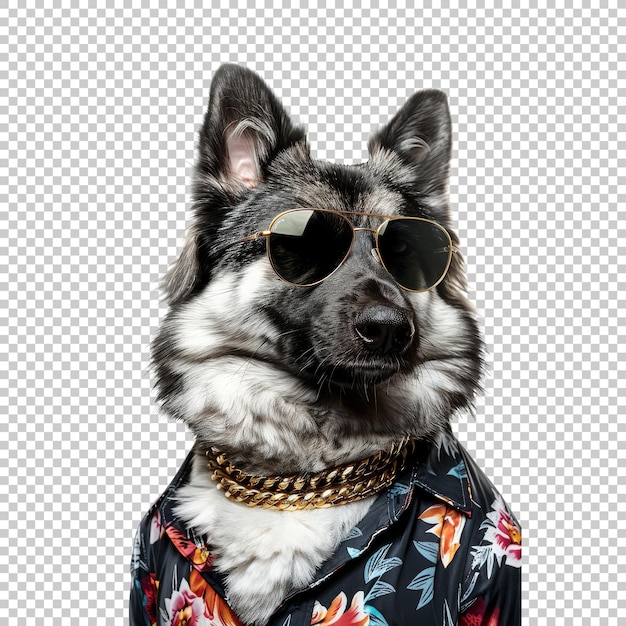 PSD trendy husky with sunglasses and hawaiian shirt isolated on transparent background