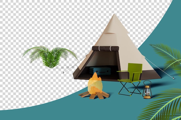 Triangle tent with campfire chairs and lanterns 3D Render illustration