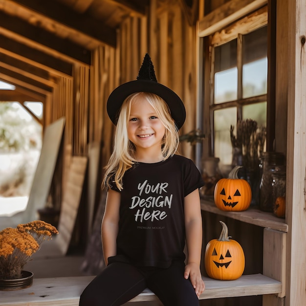 PSD trick or treat halloween black tshirt mockup for a little girl witch costume