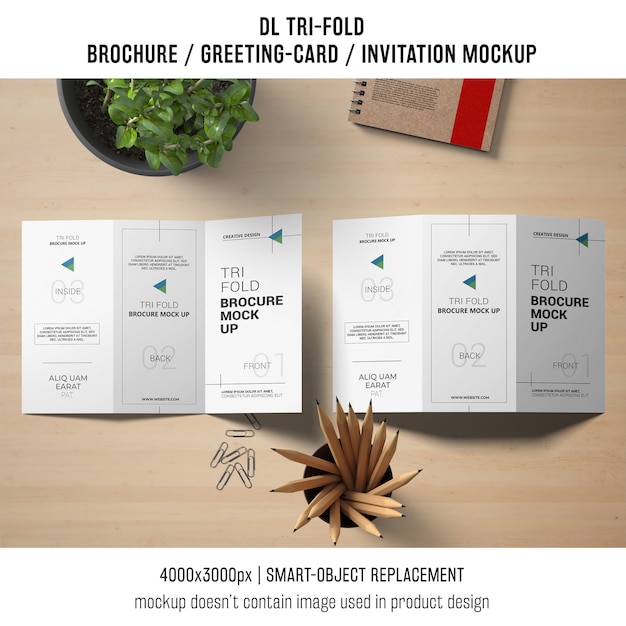 PSD trifold brochure or invitation mockup still life concept