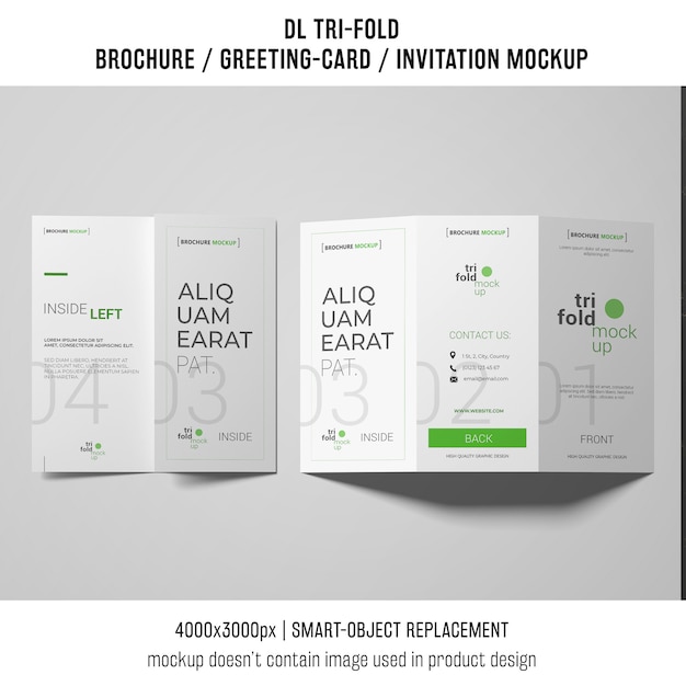 PSD trifold brochure or invitation mockup on white background