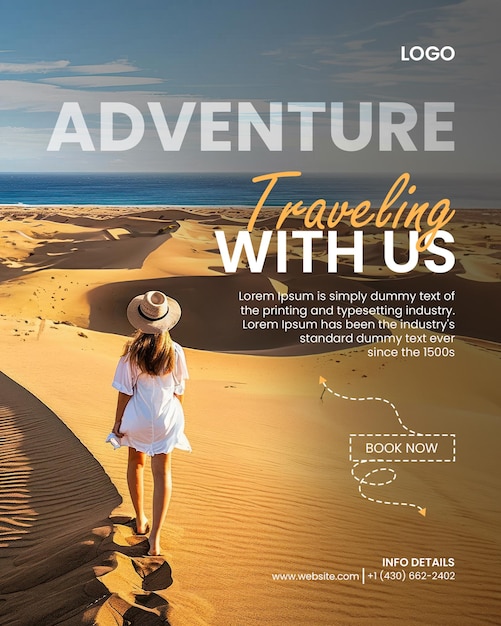 PSD trip vacation poster template with tourist exploring sand dunes