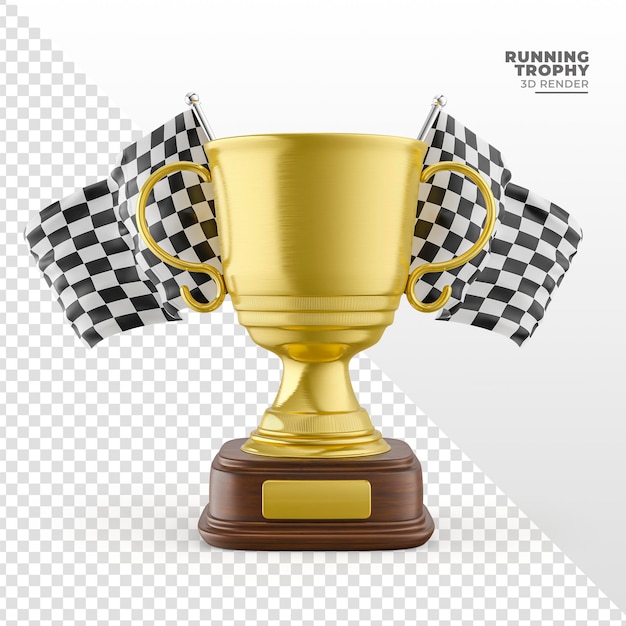 Trophy for racing championship with flag and gold in 3d render realistic