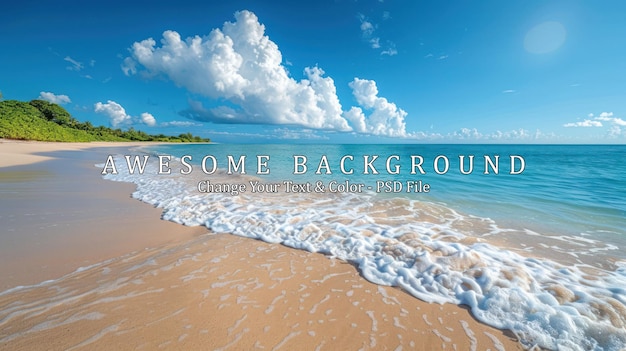 PSD tropical beach with foamy waves under a blue sky