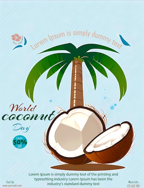 Tropical Beach with Open Coconuts and leaves on banner Celebrating World Coconut Day