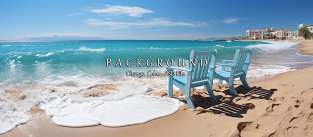 PSD tropical beach with white sand and blue chairs panorama