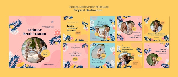 Tropical destination instagram posts template design