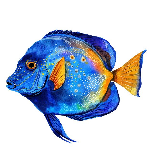 PSD tropical fish watercolor painting isolated on white background blue tang fish