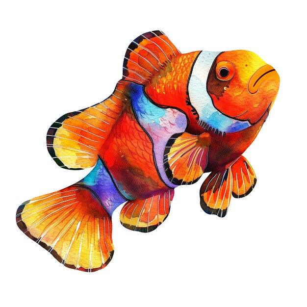 PSD tropical fish watercolor painting isolated on white background clown fish