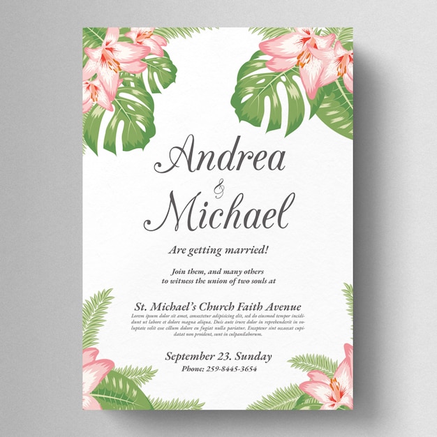 PSD tropical floral wedding invite