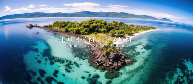 PSD tropical island in the open sea aerial view of a small rocky uninhabited island with a small